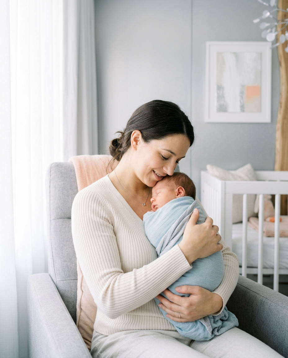 A parent holding their baby in soft light — the new childhood
