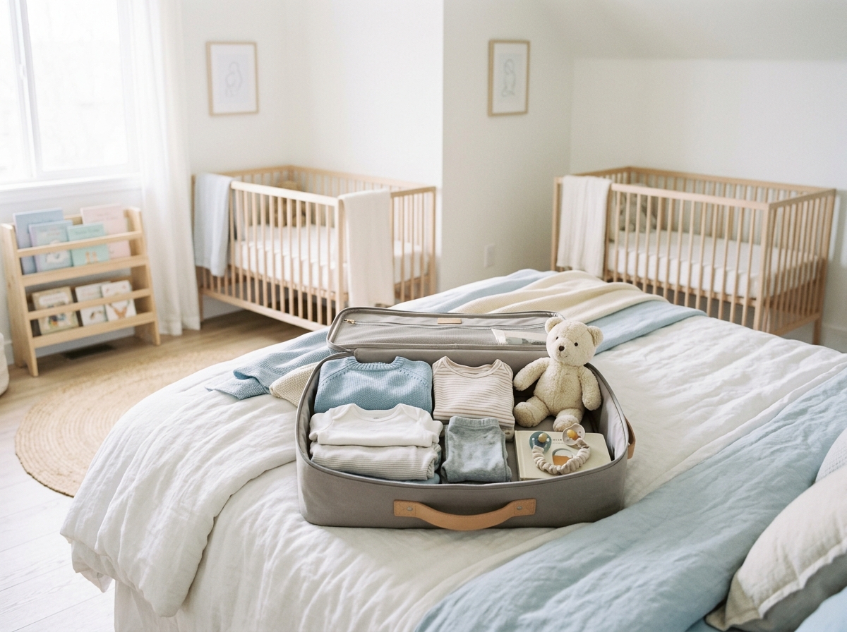 A mother sitting with her baby in a bright, minimalist nursery