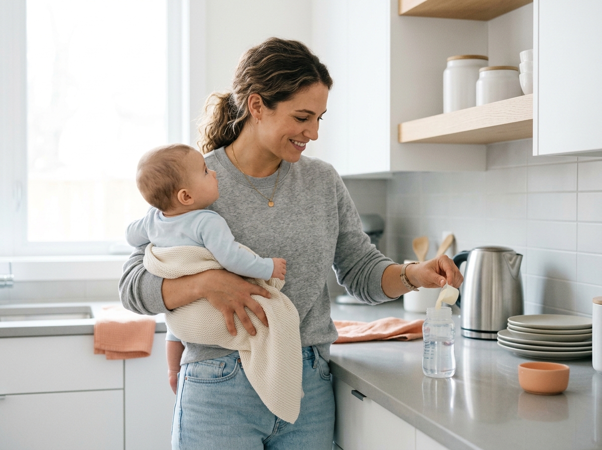 A solo parent holding their baby in soft light