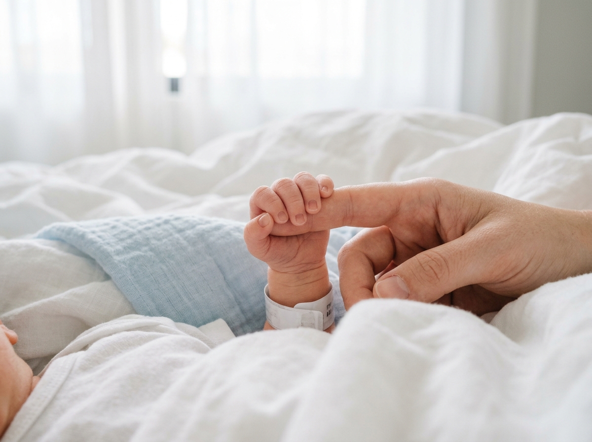 A parent holding their newborn in gentle light